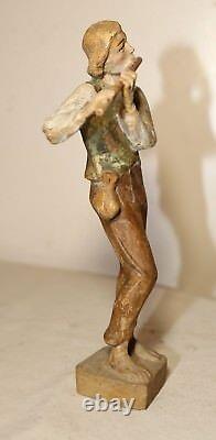 Antique hand carved wood figural musician flute player folk art statue sculpture