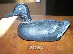 Antique hand carved wood folk art working black duck decoy sculpture