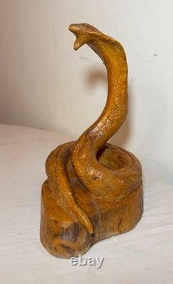 Antique hand carved wood glass eyes Folk Art snake cobra sculpture statue figure