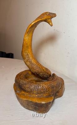 Antique hand carved wood glass eyes Folk Art snake cobra sculpture statue figure