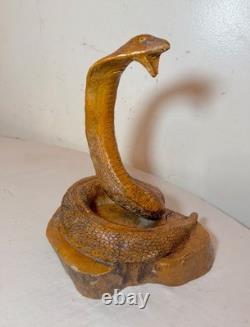 Antique hand carved wood glass eyes Folk Art snake cobra sculpture statue figure