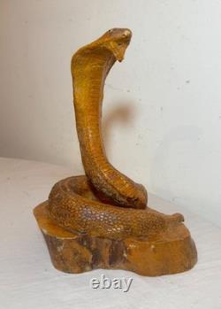 Antique hand carved wood glass eyes Folk Art snake cobra sculpture statue figure