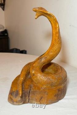 Antique hand carved wood glass eyes Folk Art snake cobra sculpture statue figure