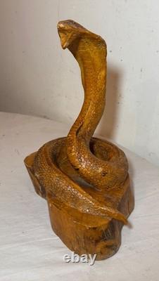Antique hand carved wood glass eyes Folk Art snake cobra sculpture statue figure