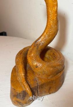 Antique hand carved wood glass eyes Folk Art snake cobra sculpture statue figure