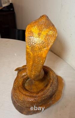 Antique hand carved wood glass eyes Folk Art snake cobra sculpture statue figure
