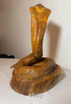 Antique hand carved wood glass eyes Folk Art snake cobra sculpture statue figure