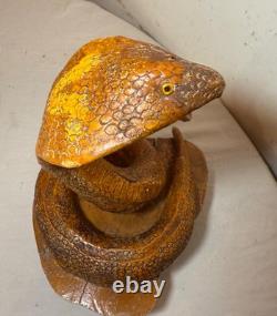 Antique hand carved wood glass eyes Folk Art snake cobra sculpture statue figure