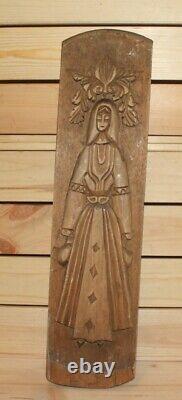 Antique hand carving wood wall hanging plaque woman with folk costume