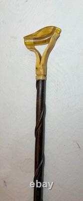 Antique handmade carved buffalo horn wood folk art cane walking stick