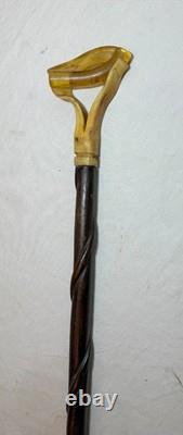 Antique handmade carved buffalo horn wood folk art cane walking stick