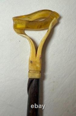 Antique handmade carved buffalo horn wood folk art cane walking stick