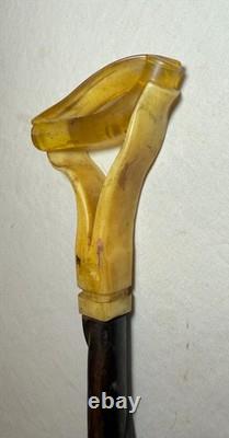 Antique handmade carved buffalo horn wood folk art cane walking stick