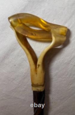 Antique handmade carved buffalo horn wood folk art cane walking stick