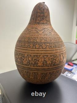 Antique large 12.5 inch Hand carved gourd Peru peruvian story teller folk art