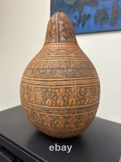 Antique large 12.5 inch Hand carved gourd Peru peruvian story teller folk art