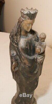 Antique religious Folk Art Mary Jesus hand carved wood sculpture statue Santos