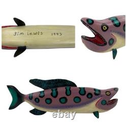 Artist Jim Lewis Hand-Carved Folk Art Painted Wooden Fish Decoy 1993 18 Artist Jim Lewis Hand-Carved Folk Art Painted Wooden Fish Decoy 1993 18