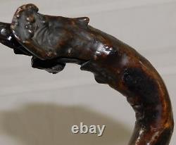 Atq 1800's Folk Art Wood Carved Glass Eye Setter Dog Head Walking Stick Cane