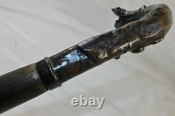 Atq 1800's Folk Art Wood Carved Glass Eye Setter Dog Head Walking Stick Cane