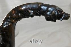 Atq 1800's Folk Art Wood Carved Glass Eye Setter Dog Head Walking Stick Cane