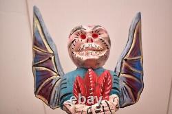 Atq Mexican Guerrero Folk Art Carved Wood Angel Skeleton Skull Mask Vtg Statue