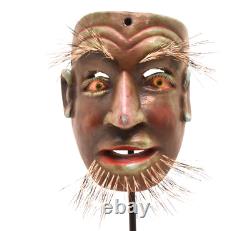 Atq Mexican Guerrero Folk Art Carved Wood Bearded Man Real Hair Dance Mask Green