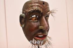 Atq Mexican Guerrero Folk Art Carved Wood Bearded Man Real Hair Dance Mask Green