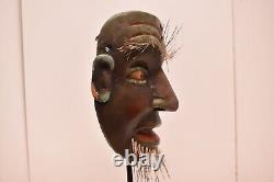 Atq Mexican Guerrero Folk Art Carved Wood Bearded Man Real Hair Dance Mask Green