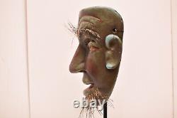 Atq Mexican Guerrero Folk Art Carved Wood Bearded Man Real Hair Dance Mask Green