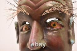 Atq Mexican Guerrero Folk Art Carved Wood Bearded Man Real Hair Dance Mask Green