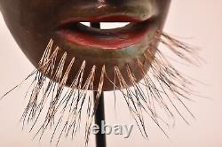Atq Mexican Guerrero Folk Art Carved Wood Bearded Man Real Hair Dance Mask Green