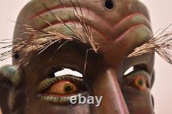 Atq Mexican Guerrero Folk Art Carved Wood Bearded Man Real Hair Dance Mask Green