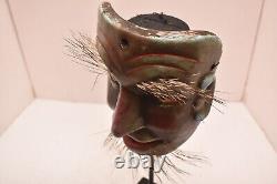 Atq Mexican Guerrero Folk Art Carved Wood Bearded Man Real Hair Dance Mask Green