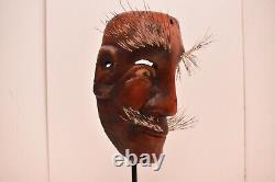 Atq Mexican Guerrero Folk Art Carved Wood Bearded Man Real Hair Dance Mask Red