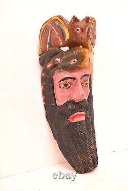 Atq Mexican Guerrero Folk Art Carved Wood Bearded Man Vtg Woman Dance Mask 17