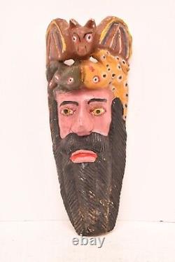 Atq Mexican Guerrero Folk Art Carved Wood Bearded Man Vtg Woman Dance Mask 17