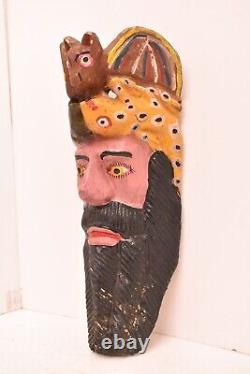 Atq Mexican Guerrero Folk Art Carved Wood Bearded Man Vtg Woman Dance Mask 17