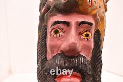 Atq Mexican Guerrero Folk Art Carved Wood Bearded Man Vtg Woman Dance Mask 17