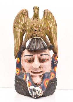 Atq Mexican Guerrero Folk Art Carved Wood Bearded Man W Bird Vtg Dance Mask 15