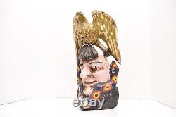 Atq Mexican Guerrero Folk Art Carved Wood Bearded Man W Bird Vtg Dance Mask 15