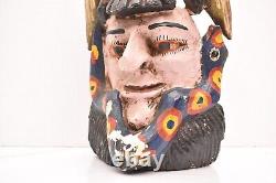 Atq Mexican Guerrero Folk Art Carved Wood Bearded Man W Bird Vtg Dance Mask 15