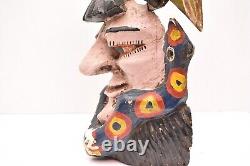 Atq Mexican Guerrero Folk Art Carved Wood Bearded Man W Bird Vtg Dance Mask 15