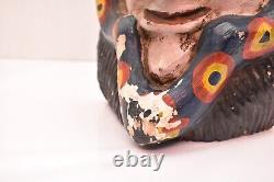 Atq Mexican Guerrero Folk Art Carved Wood Bearded Man W Bird Vtg Dance Mask 15
