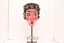 Atq Mexican Guerrero Folk Art Carved Wood Girl Flowers Vtg Woman Dance Mask 9