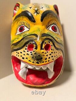 Authentic Rare Hand Carved Mexican Folk Art Wood Mask Jaguar Leopard Vintage