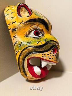 Authentic Rare Hand Carved Mexican Folk Art Wood Mask Jaguar Leopard Vintage