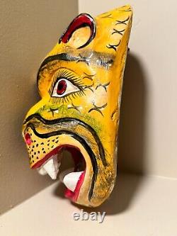 Authentic Rare Hand Carved Mexican Folk Art Wood Mask Jaguar Leopard Vintage