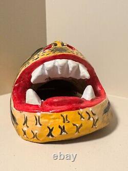 Authentic Rare Hand Carved Mexican Folk Art Wood Mask Jaguar Leopard Vintage