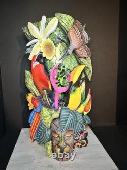 BORUCA MASK Hand Carved Wood Signed Birds And Frogs Read Discription Damage
